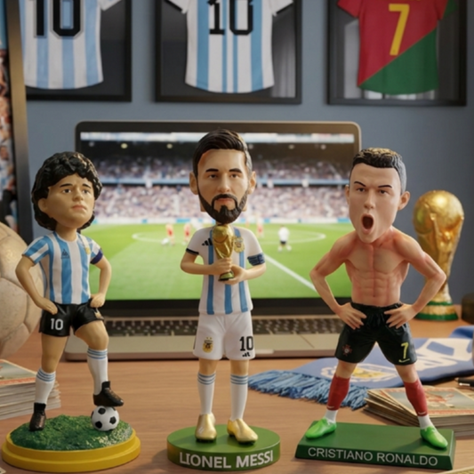 Figuras Bobblehead de Diego Maradona, Lionel Messi y Cristiano Ronaldo